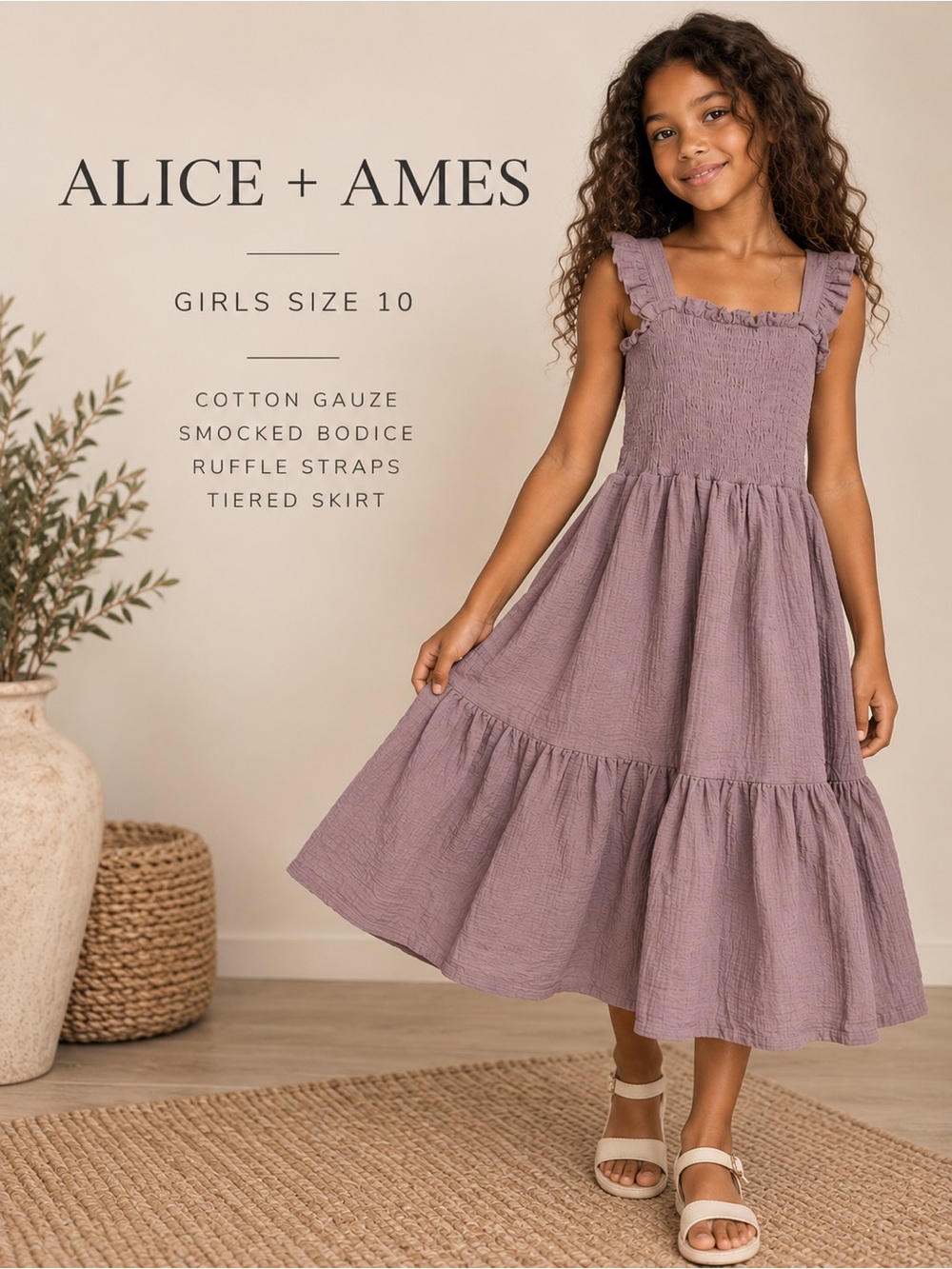 Alice + Ames Cotton Gauze Smocked Tiered Dress Dusty Mauve Girls Size 10